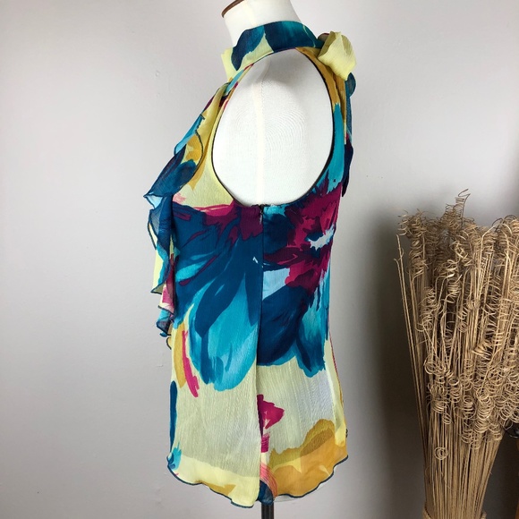 BCX Ruffle Keyhole Floral Sleeveless Halter Blouse Medium Blue Yellow - Picture 6 of 10